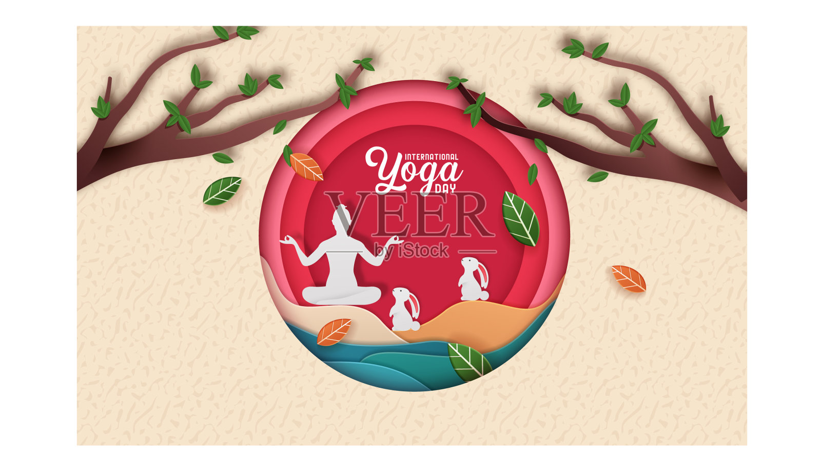 国际瑜伽日的纸剪瑜伽体插画图片素材