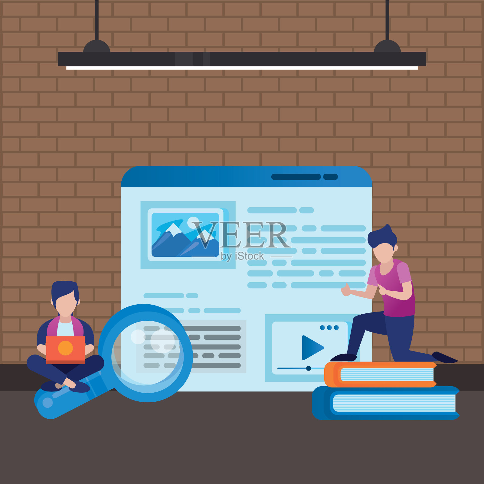 年轻人正在使用带有网页模板的笔记本电脑插画图片素材