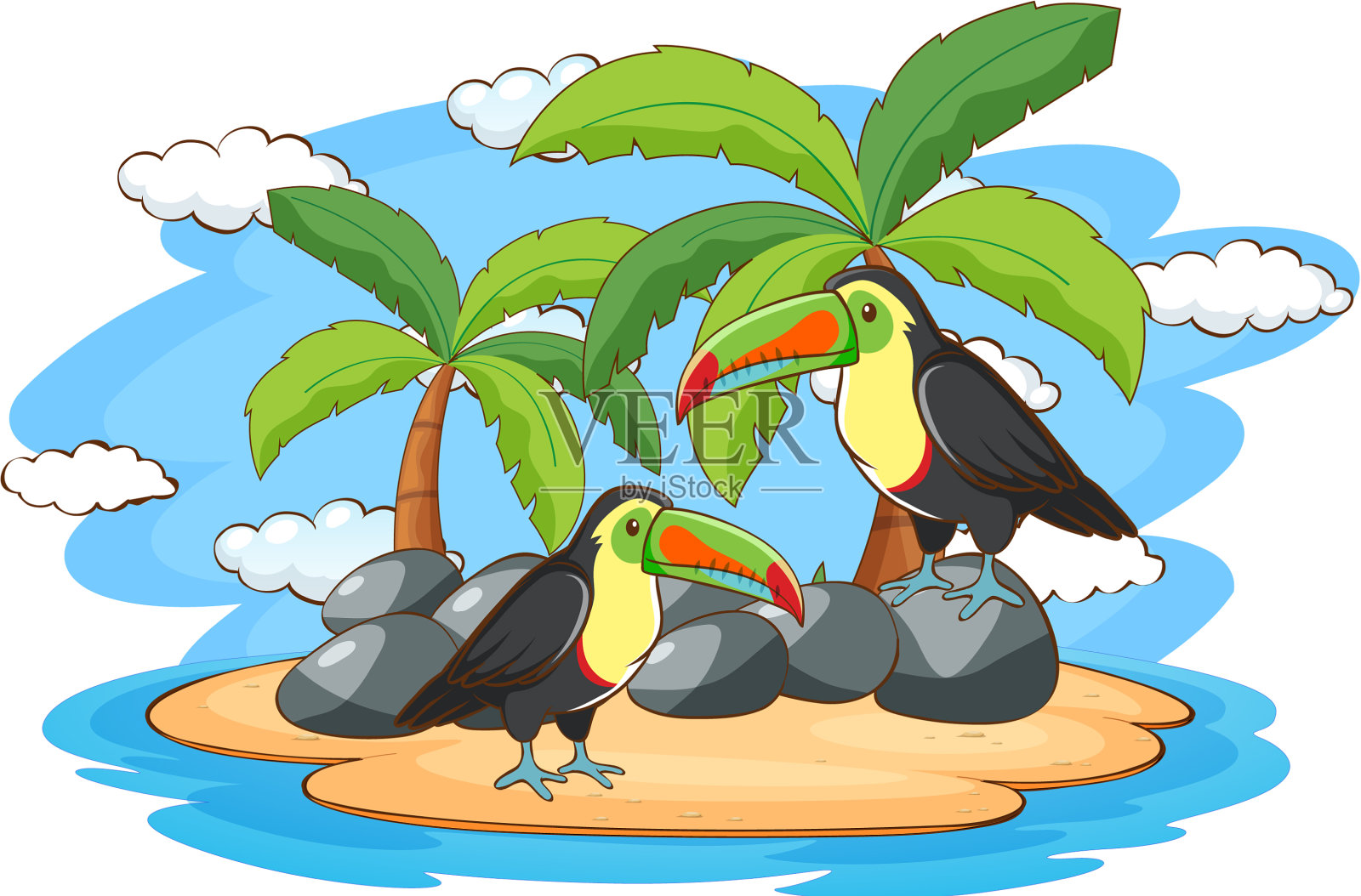 岛上有两只巨嘴鸟的场景设计元素图片