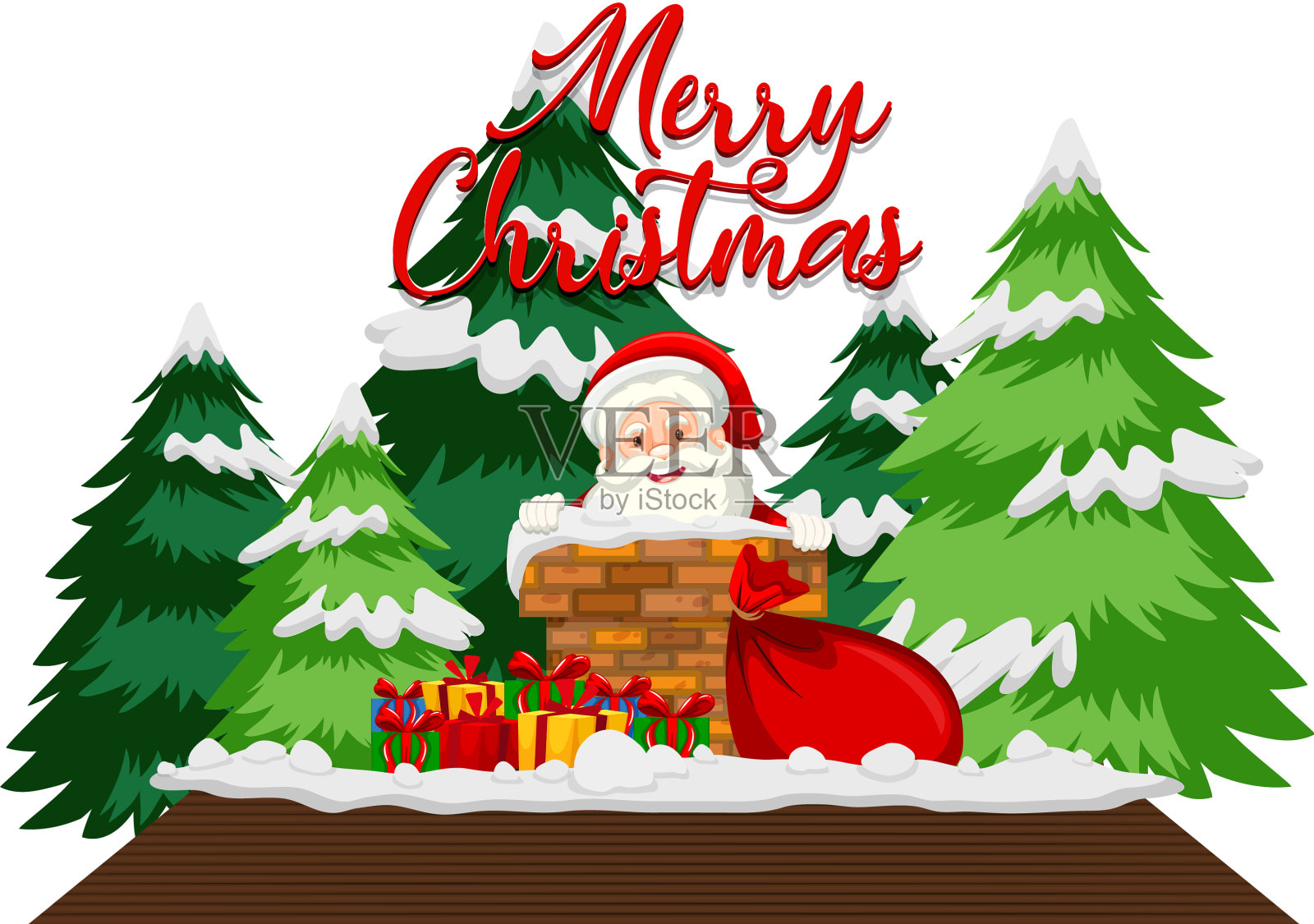 屋顶上有圣诞老人的圣诞主题插画图片素材