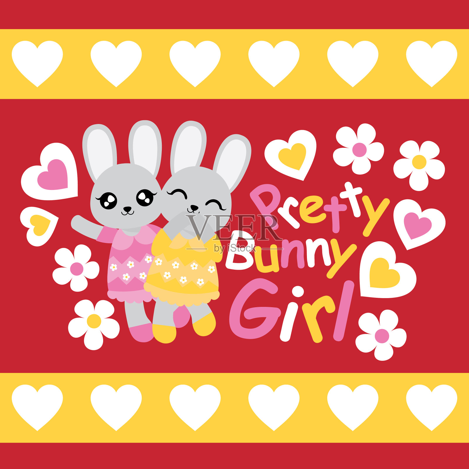 卡通可爱的兔子女孩喜欢和花插画图片素材