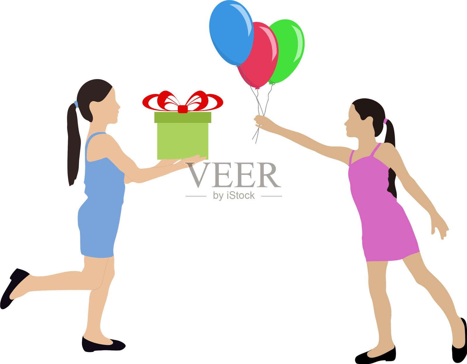 年轻女孩用礼盒和彩色剪影设计元素图片