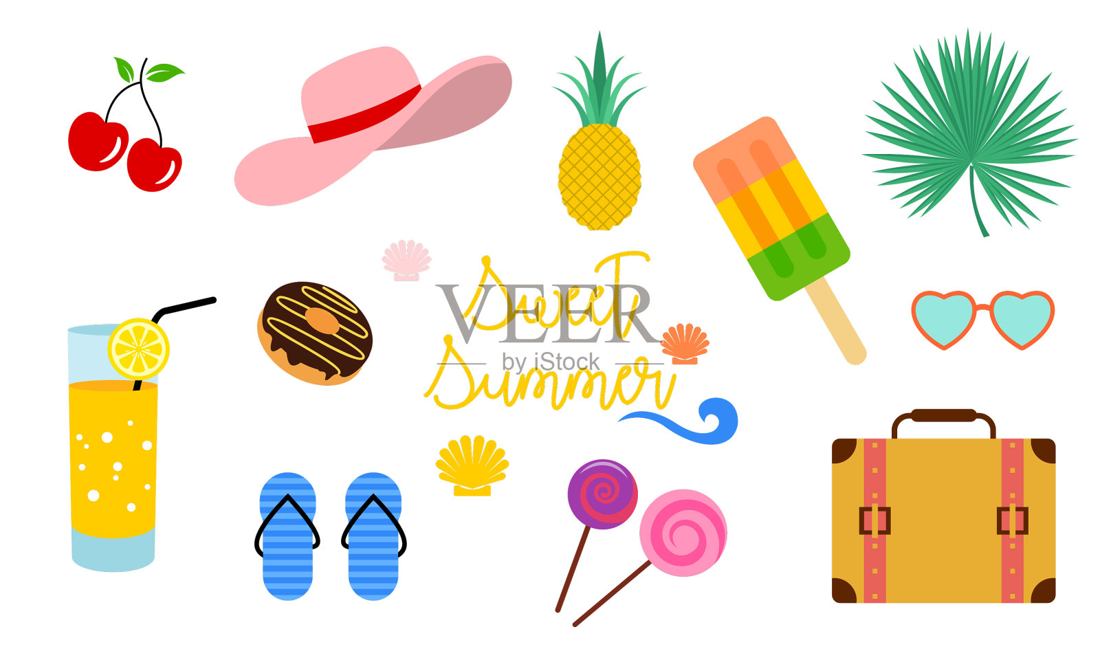 设定夏季和假期元素可爱的卡通插画图片素材