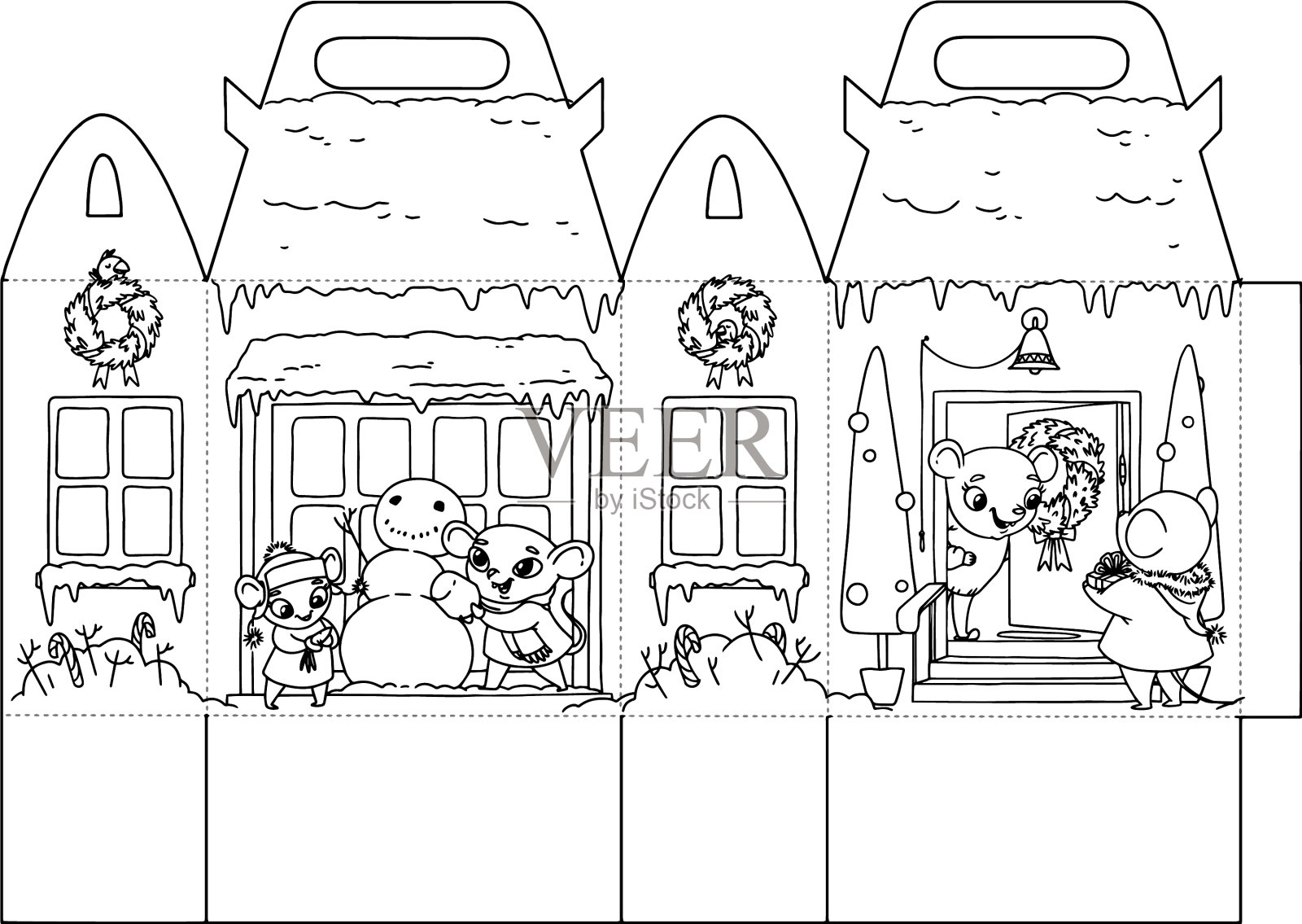 可印刷的彩色礼品屋，带着节日的快乐插画图片素材