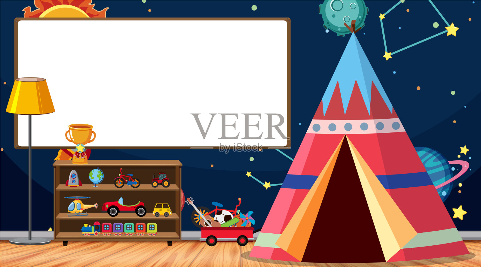 有白板和帐篷的儿童房插画图片素材
