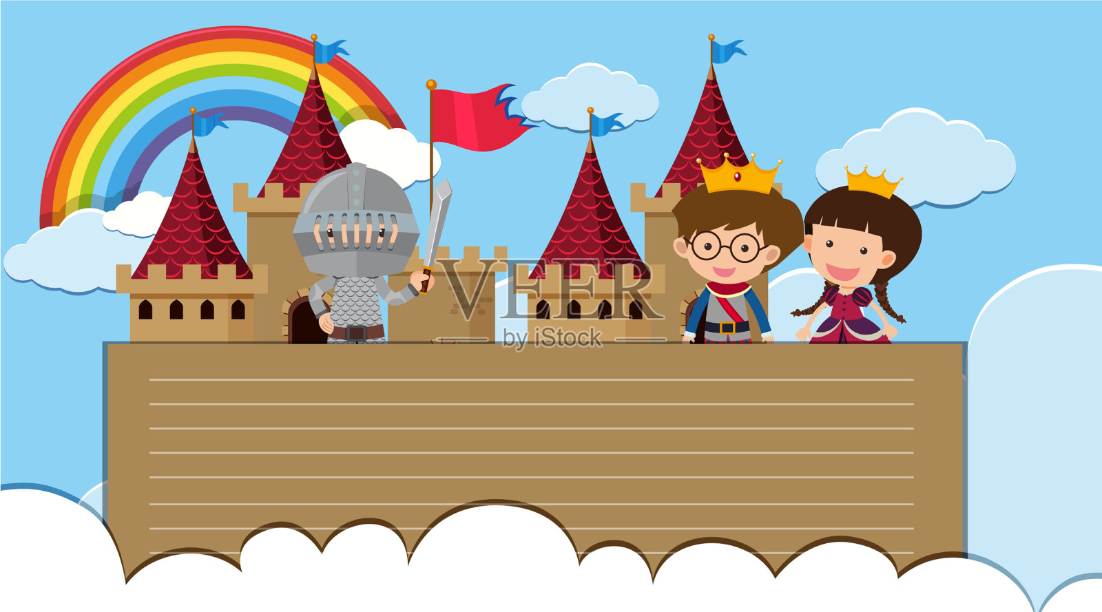 纸模板与王子和公主在天空插画图片素材