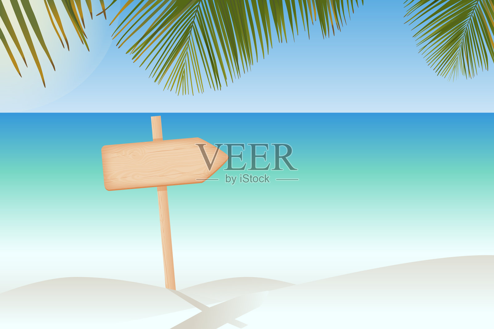 热带海滩上一根柱子上的木制招牌插画图片素材