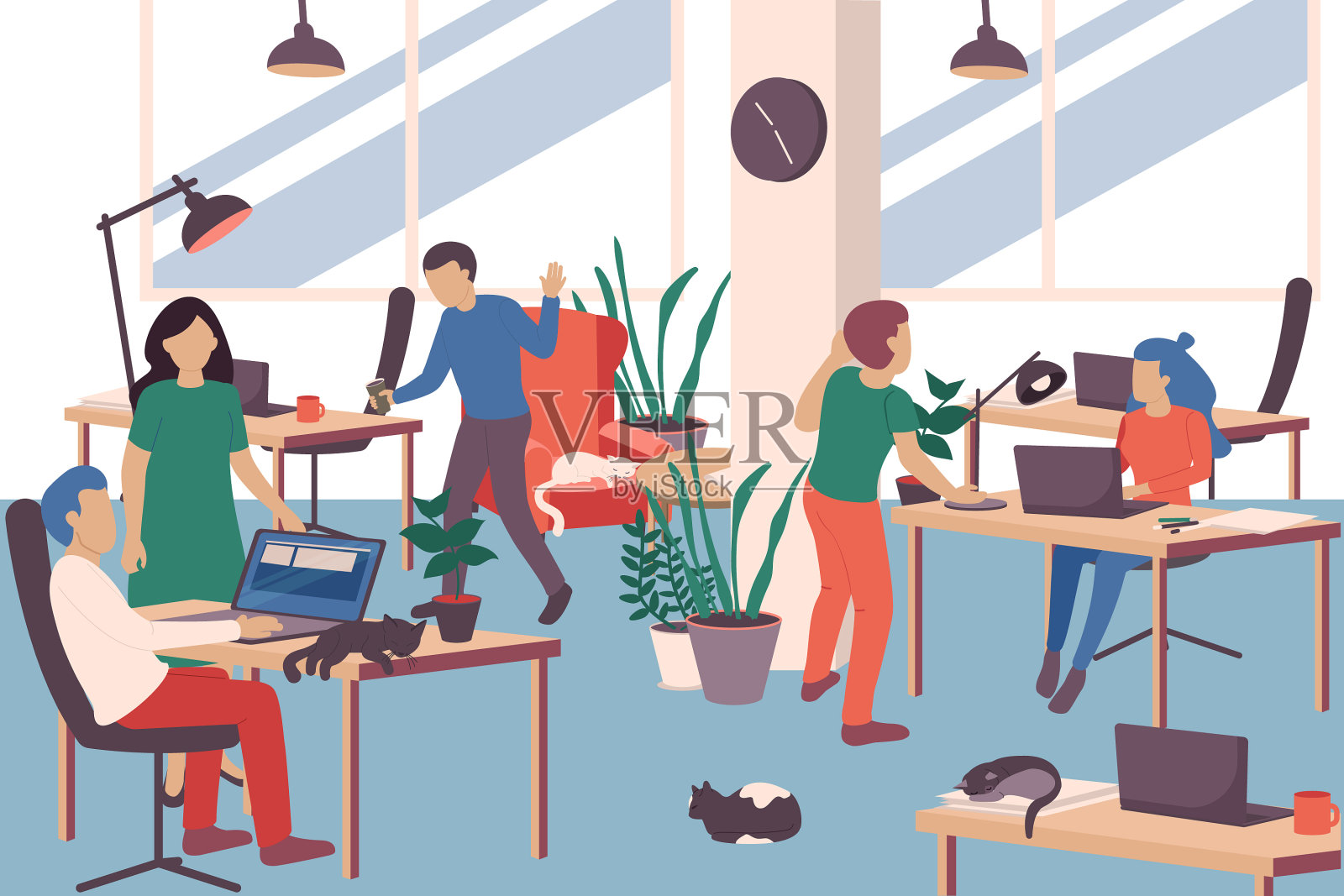 人和猫的背景插画图片素材