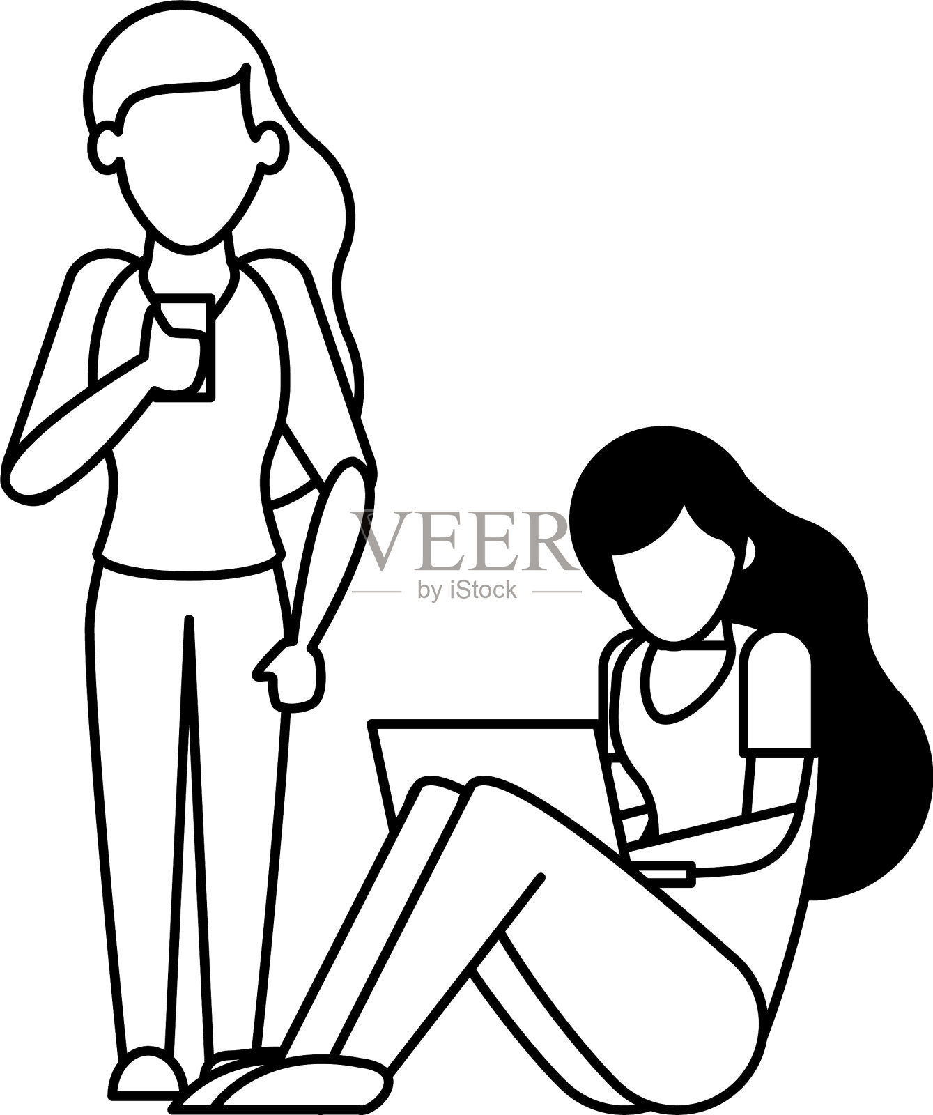 使用智能手机和笔记本电脑虚拟形象的女性插画图片素材