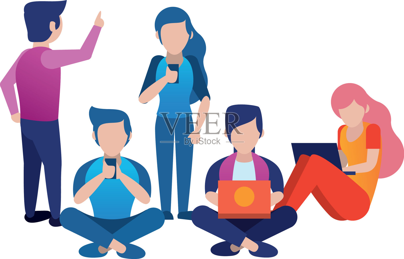 使用智能手机和笔记本电脑的年轻人插画图片素材