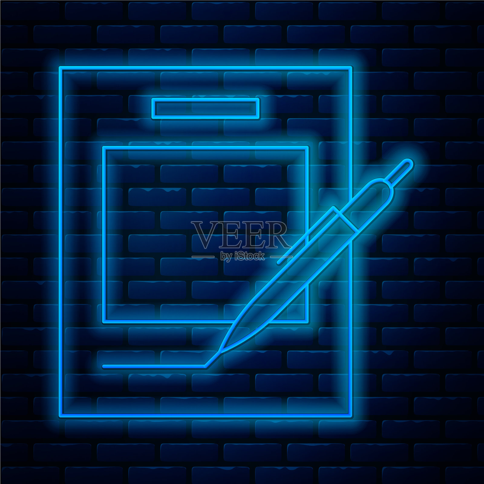 发光的霓虹灯线空白笔记本和钢笔图标插画图片素材