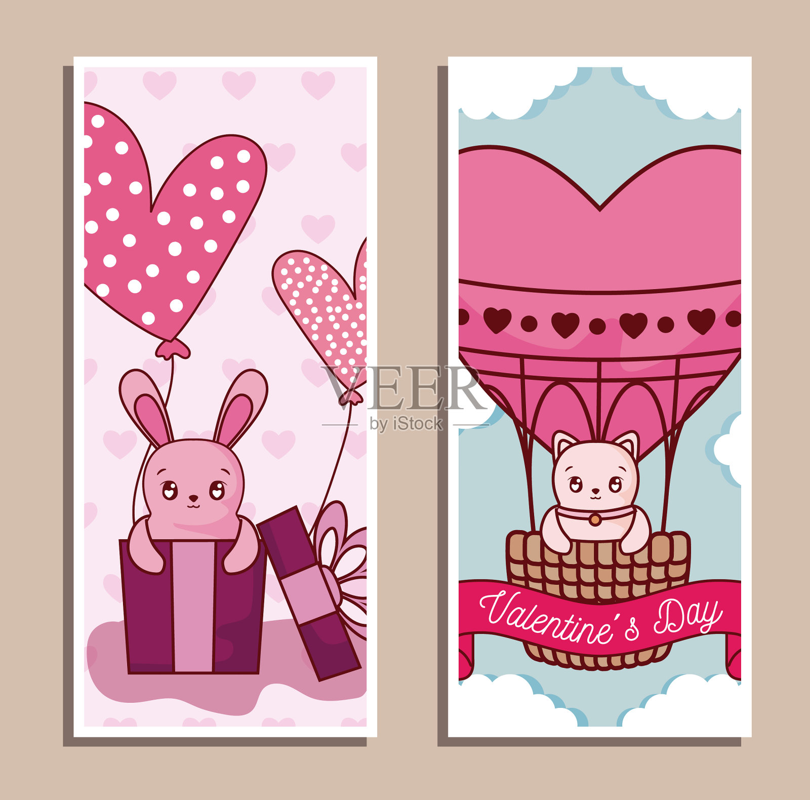 兔子和猫卡通情人节插画图片素材