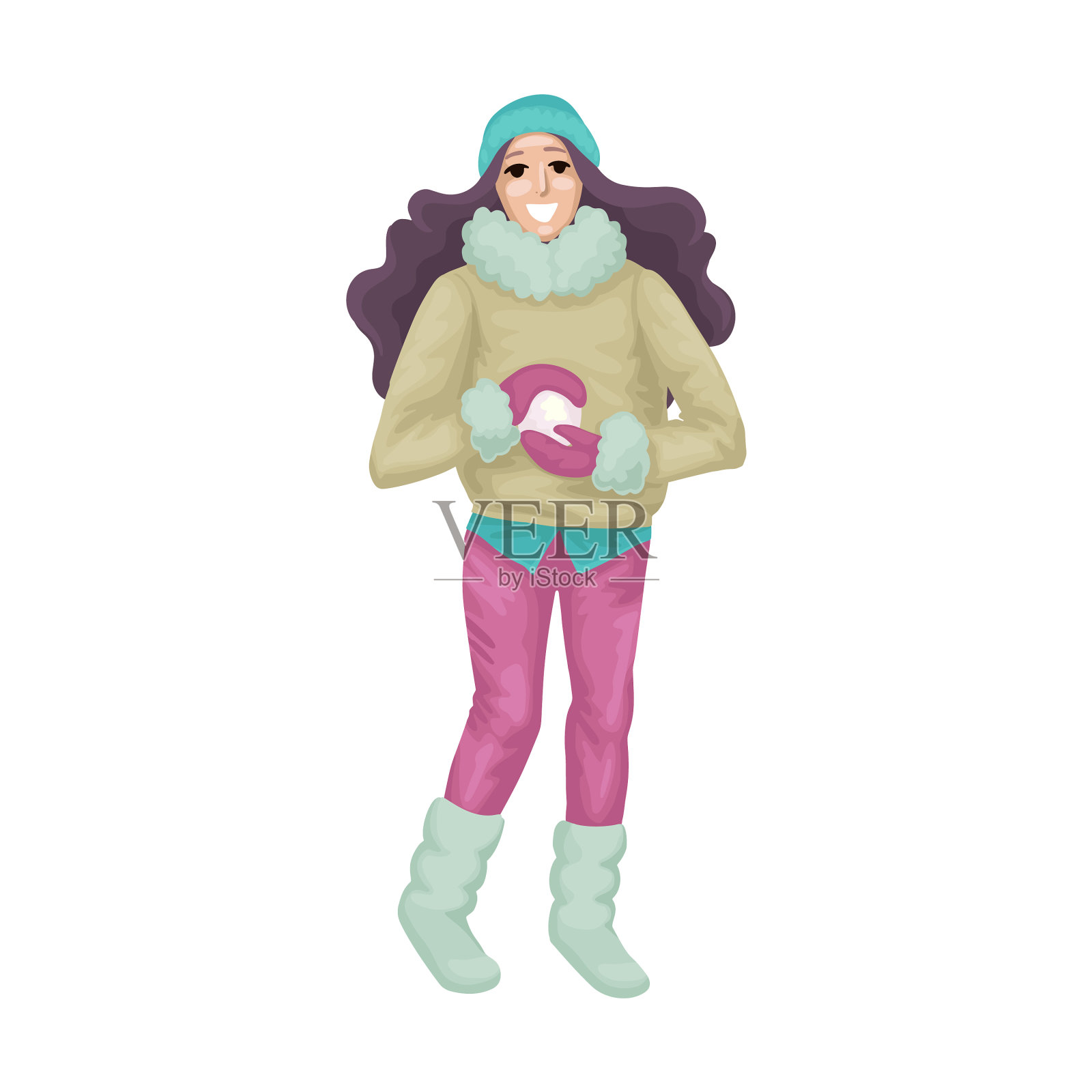 快乐的女人在堆雪球设计元素图片