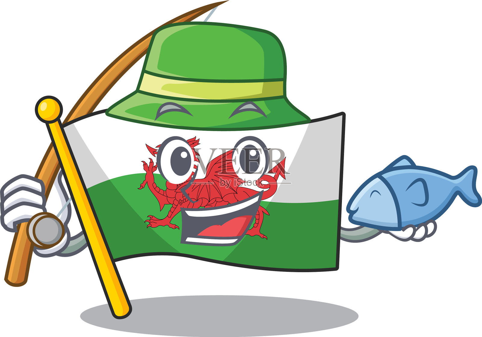一幅有趣的钓鱼旗威尔士卷轴插画图片素材