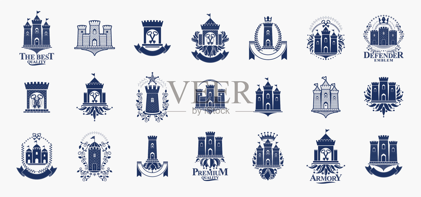 城堡标志大设置复古纹章城堡插画图片素材