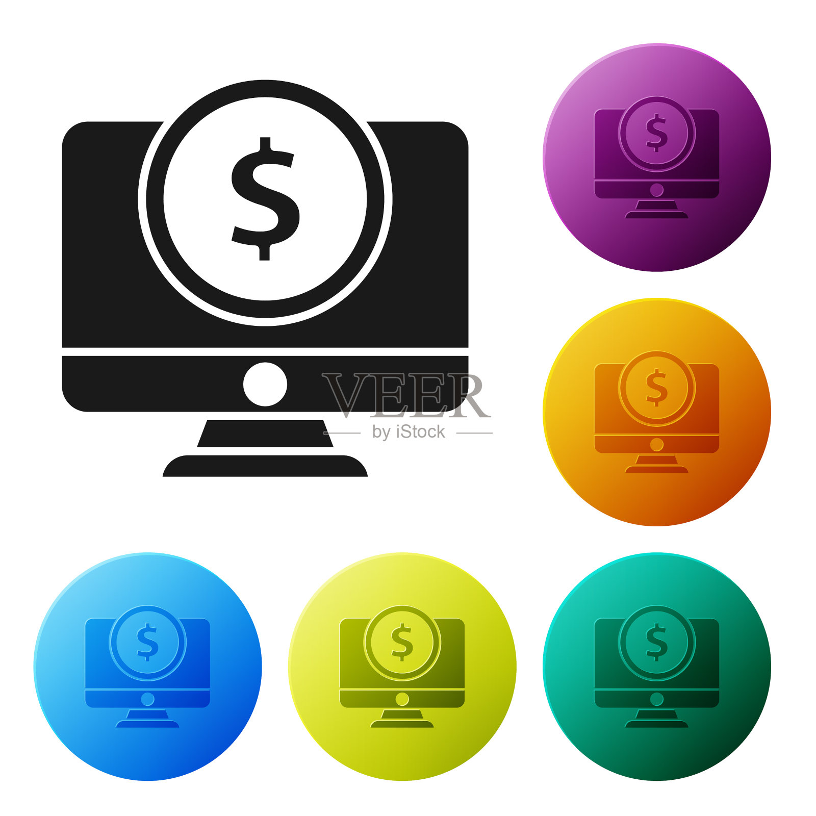 黑色电脑显示器与美元符号图标图标素材