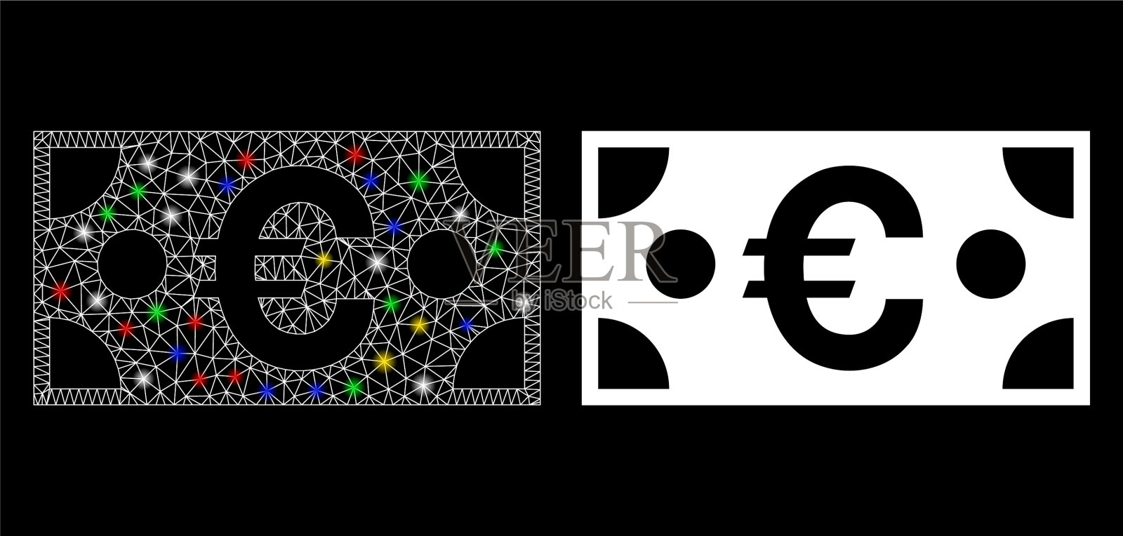闪光网2d欧元纸币图标与闪光点插画图片素材