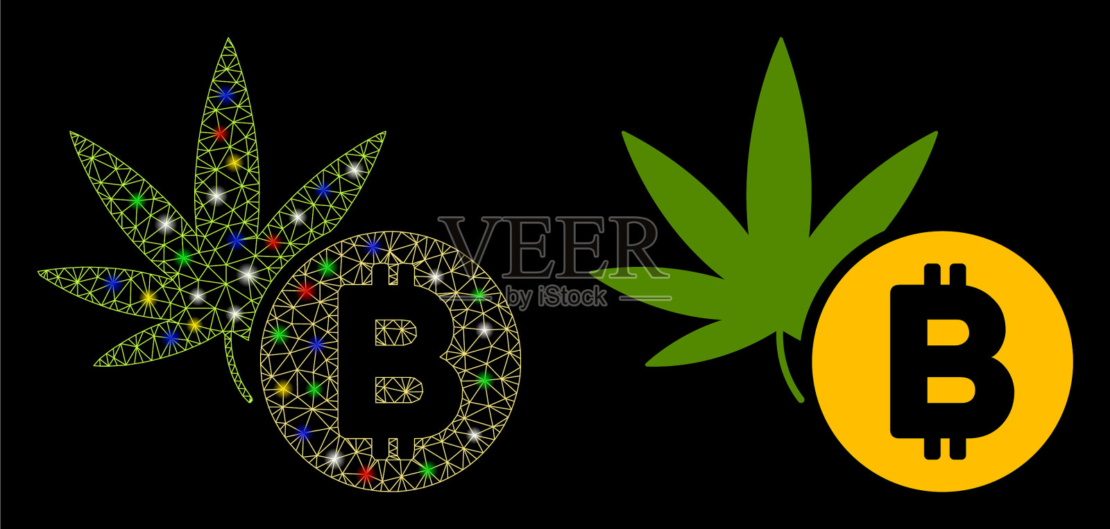 明亮的网格2d大麻比特币图标与火炬插画图片素材
