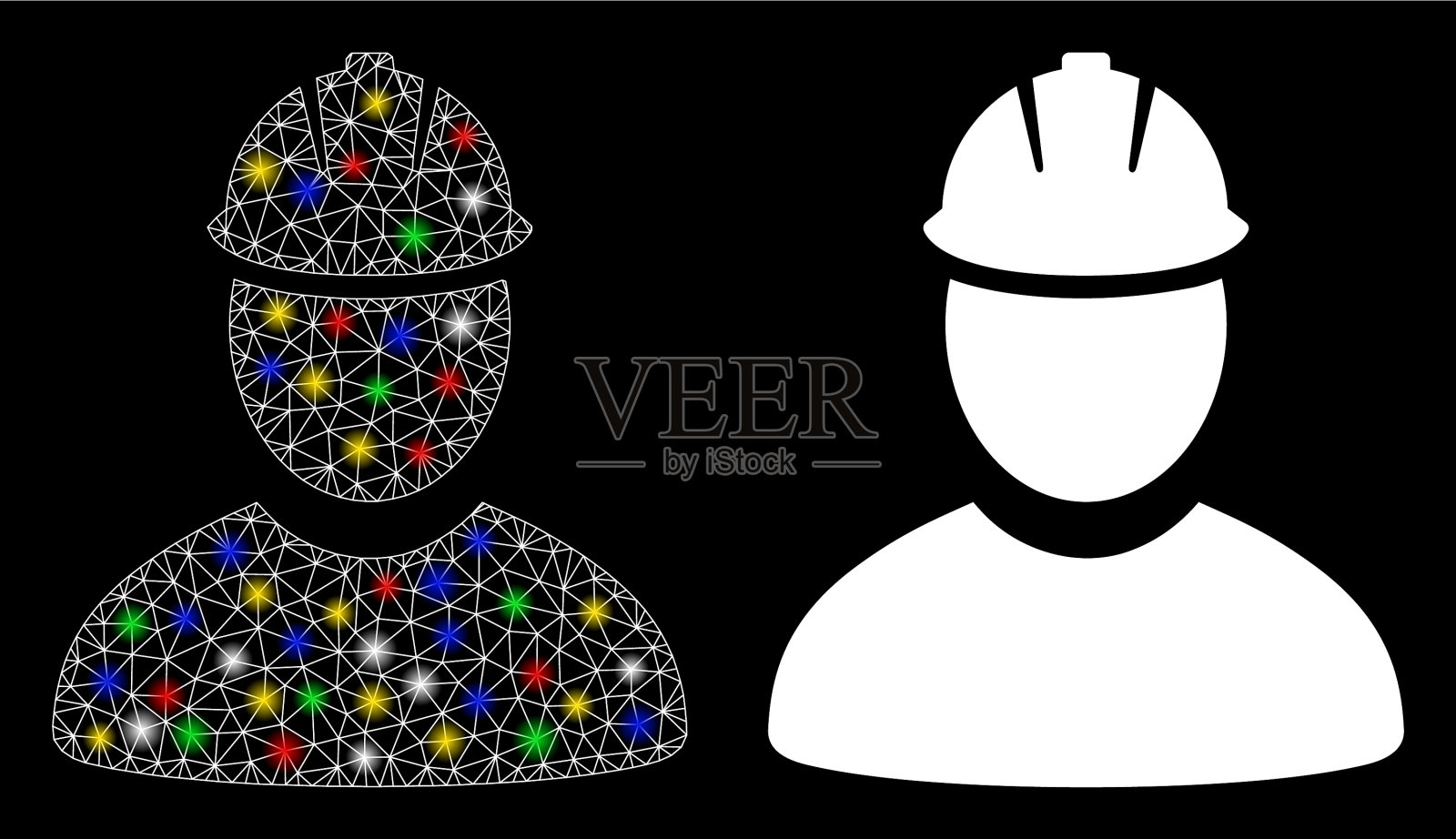 闪光网钢丝架工人图标与闪光点插画图片素材