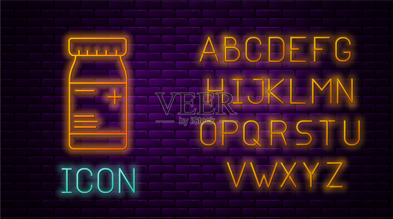 发光的霓虹灯线药瓶和药丸的图标插画图片素材