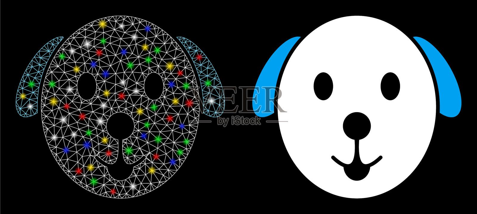 发光的网格2d狗图标与闪光点插画图片素材