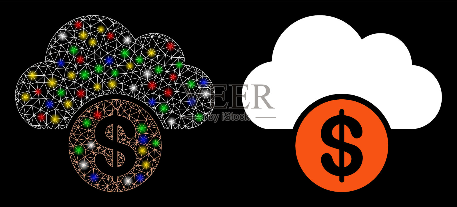 光滑的网格2d云美元图标与闪光点插画图片素材