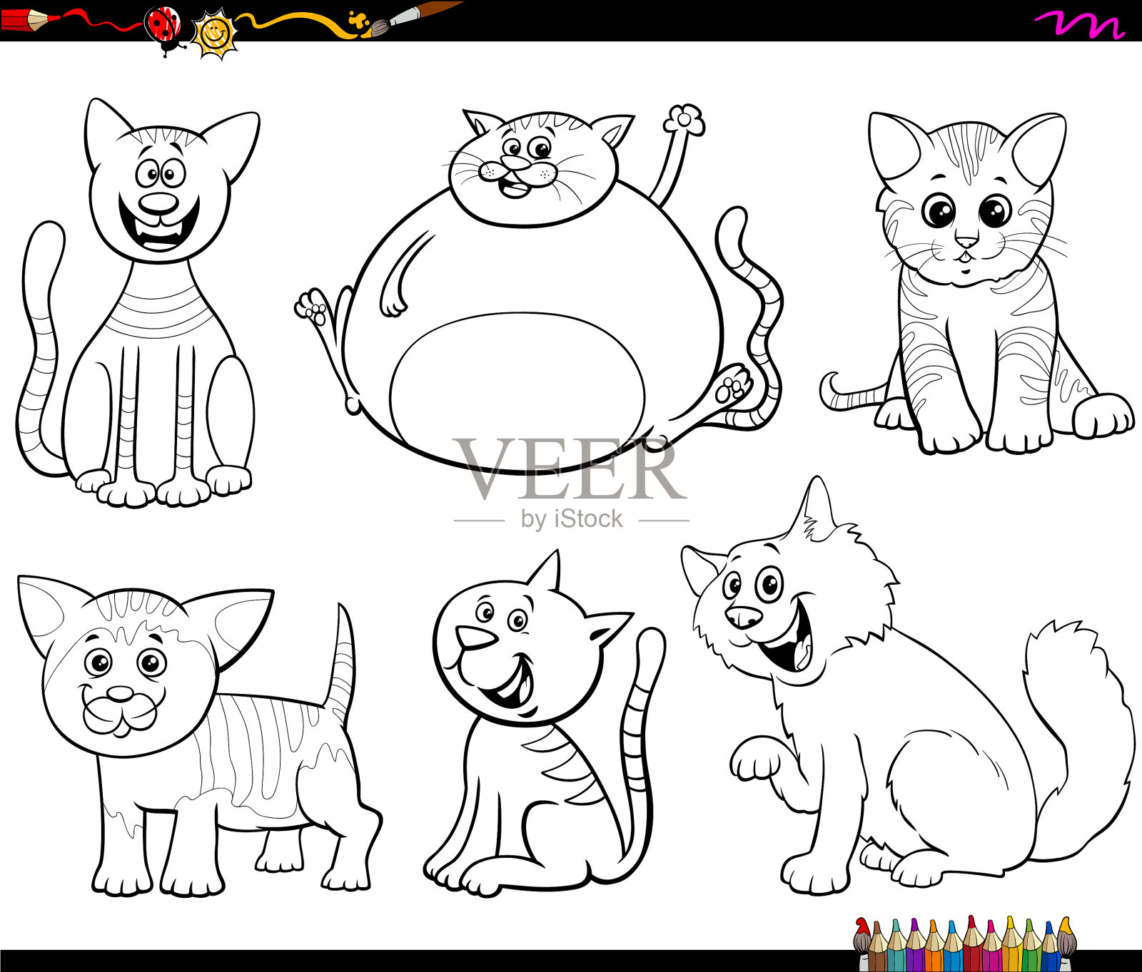 卡通猫和小猫设置涂色书页插画图片素材
