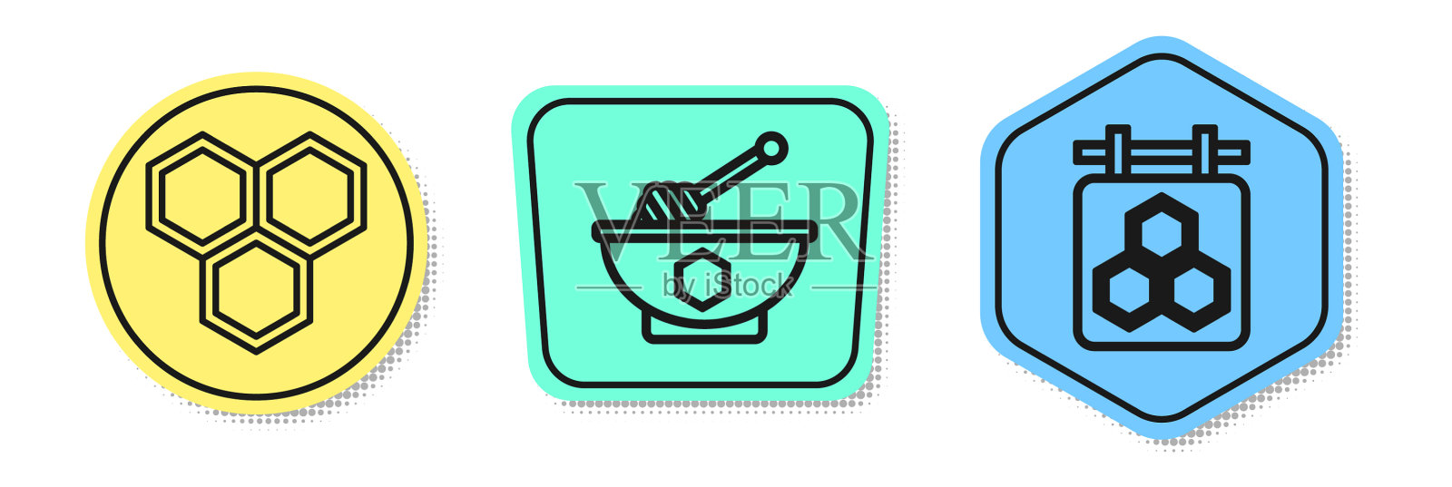 设置蜂房线蜂蜜勺棒和碗插画图片素材