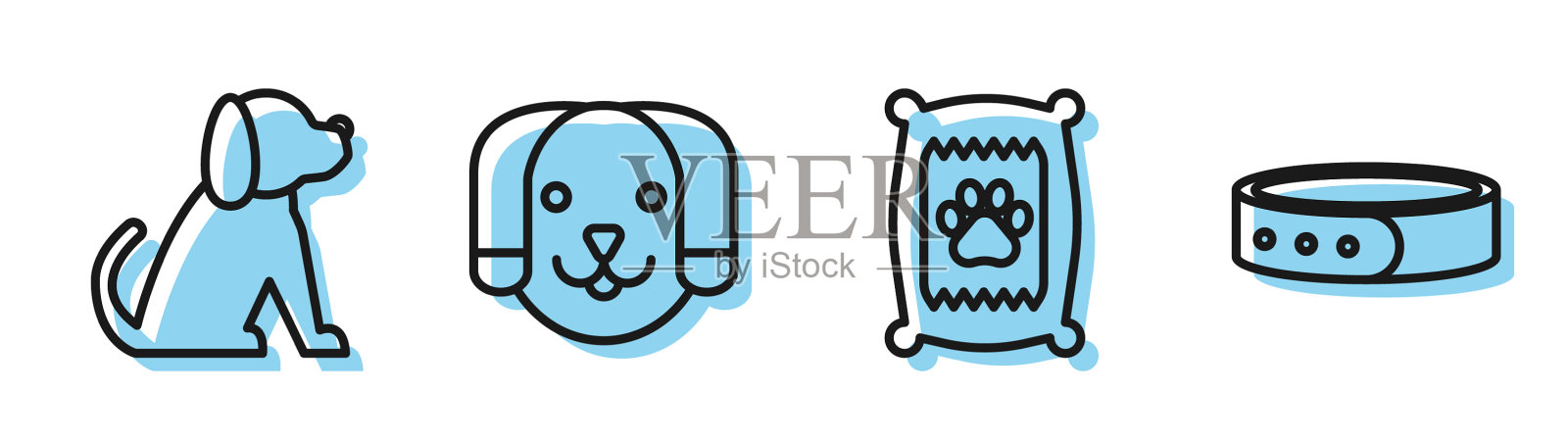 为狗狗和狗项圈设置线袋食品插画图片素材