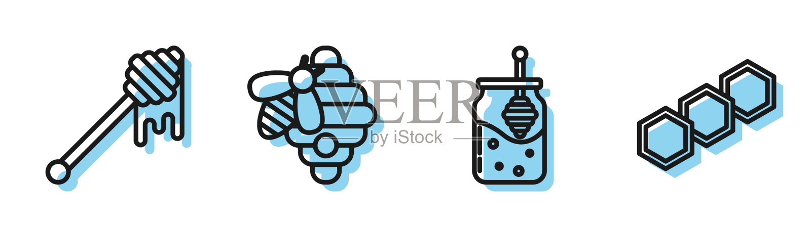 设定蜂蜜线罐和蜂蜜勺棒图标素材