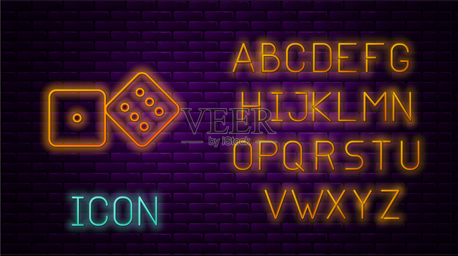 发光的霓虹灯线游戏骰子图标孤立在砖块上插画图片素材