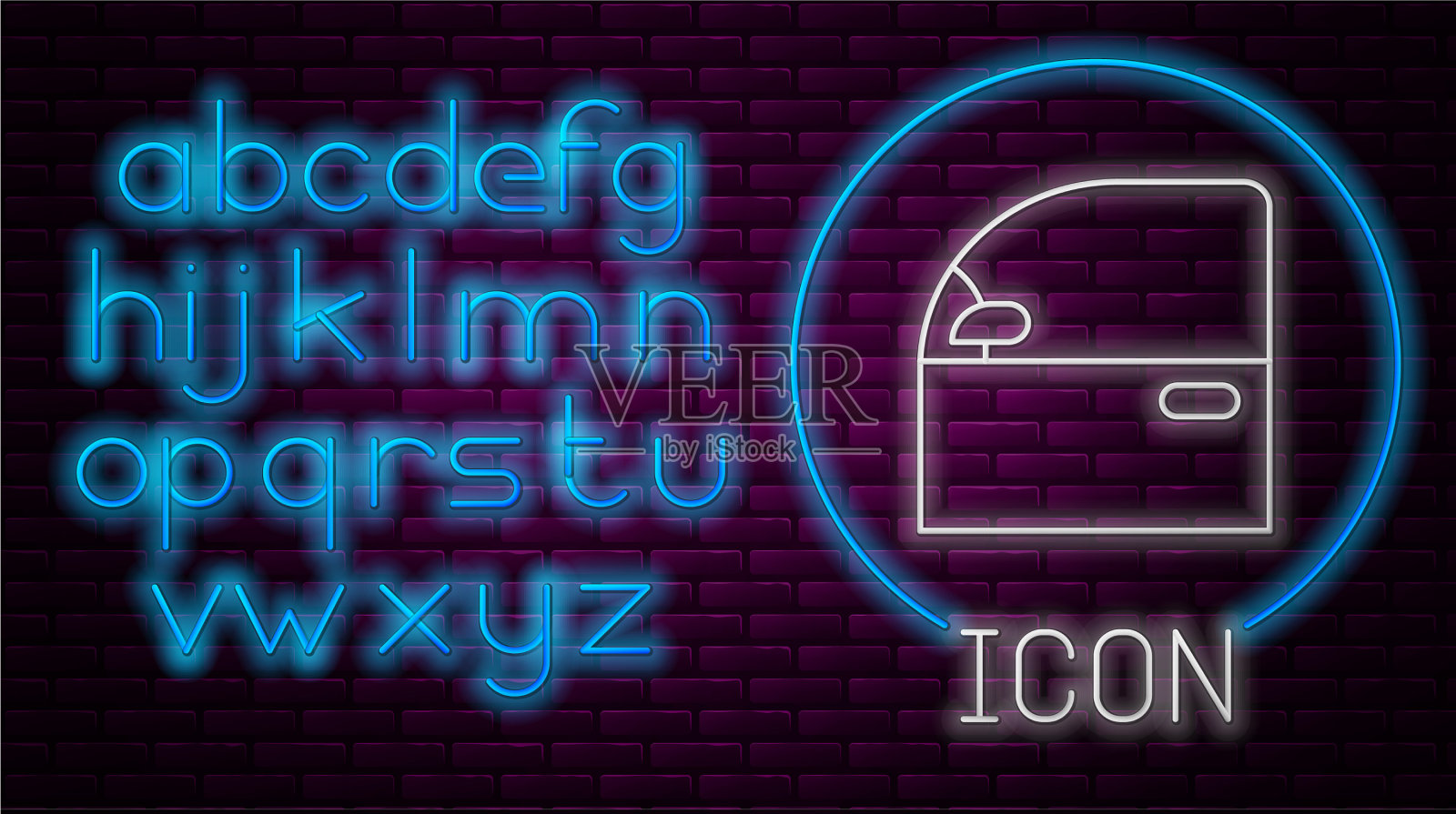 发光的霓虹灯线汽车门图标隔离在砖插画图片素材