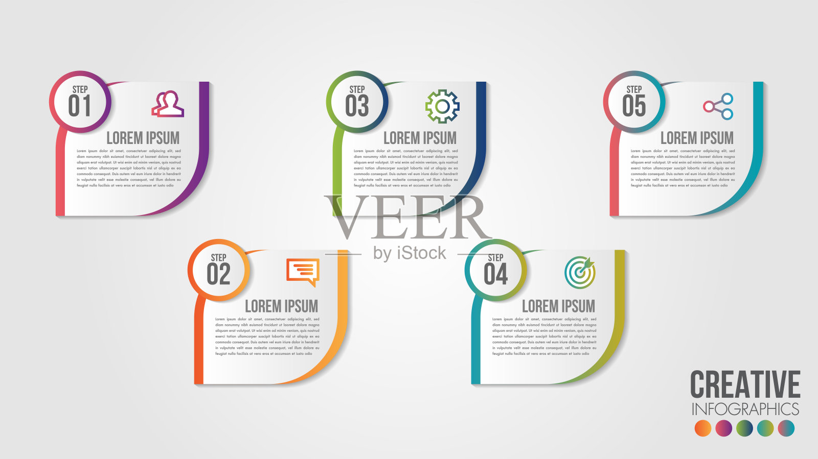 商业信息图表时间线设计模板与图标和5个数字选项或步骤。可用于流程展示、工作流布局。插画图片素材