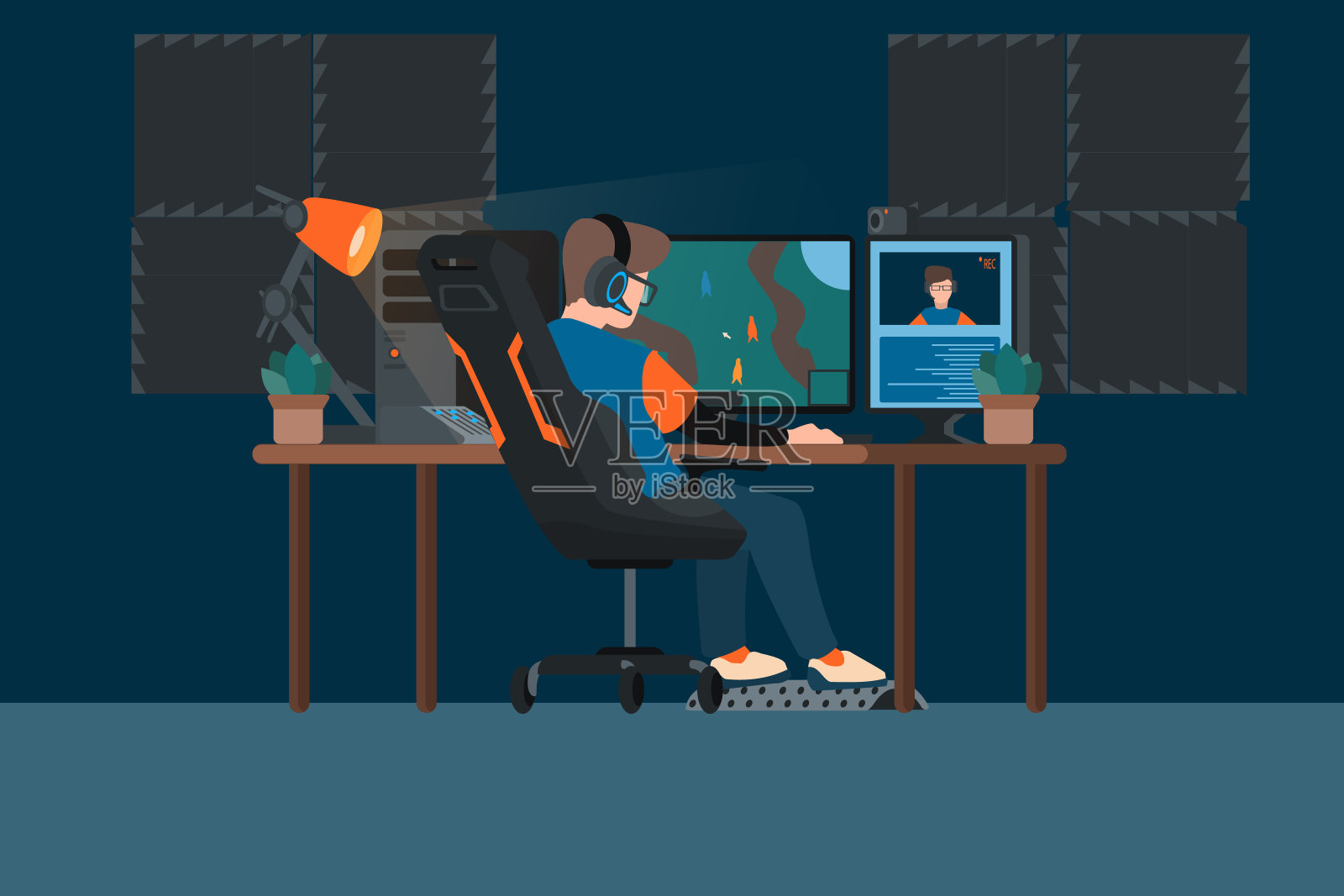 网络体育专业玩家坐在专业工作室里，用电脑桌面设置，游戏椅，麦克风，聚光灯网络摄像头直播游戏比赛。网络体育拖缆。插画图片素材