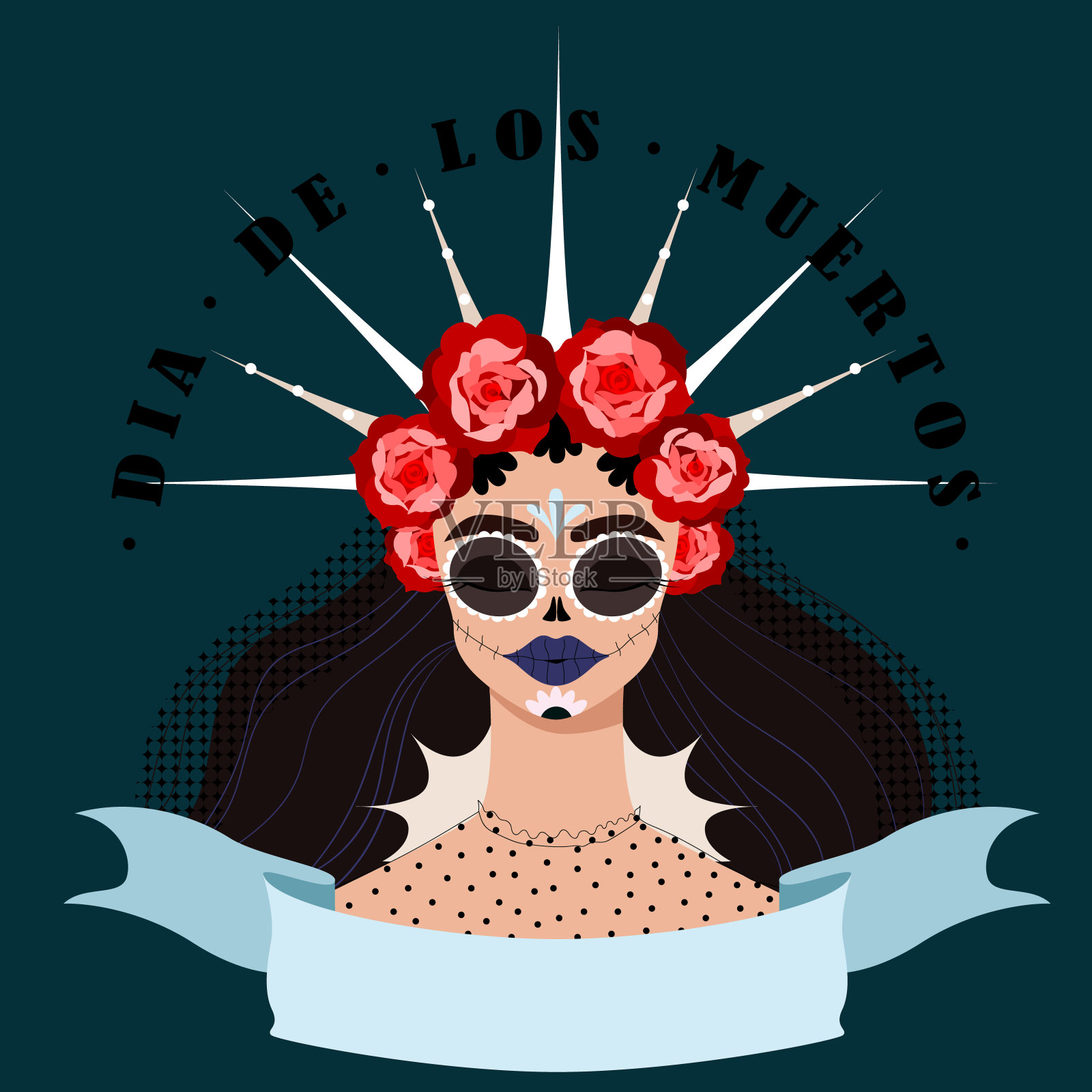 亡灵节的海报。死亡之日糖骷髅女化妆。传统的墨西哥节日庆典。拉丁语的节日。暗牌，海报和网页设计元素。现代手绘设计。插画图片素材