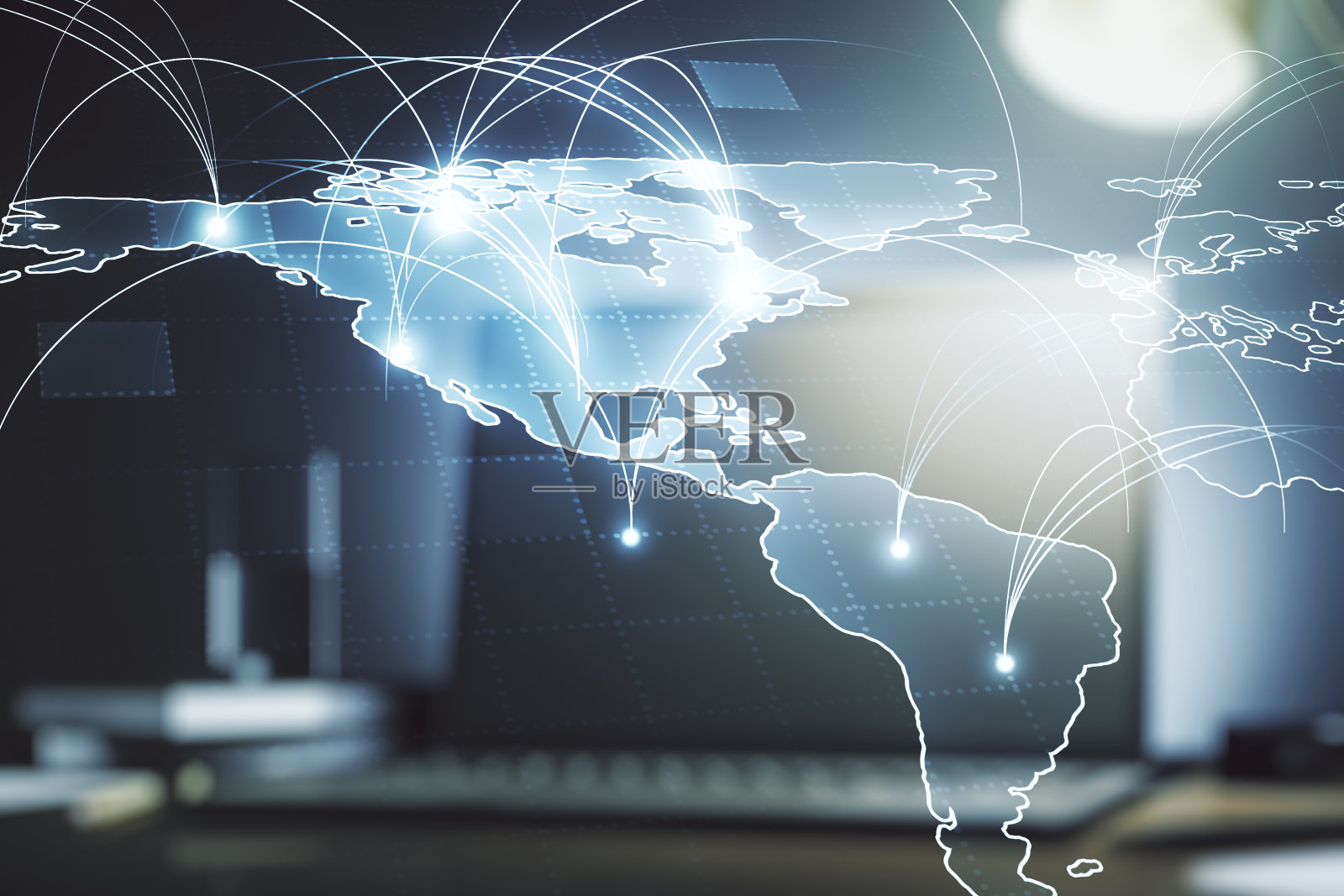 结合计算机背景、大数据和区块链概念，双重曝光抽象数字世界地图照片摄影图片