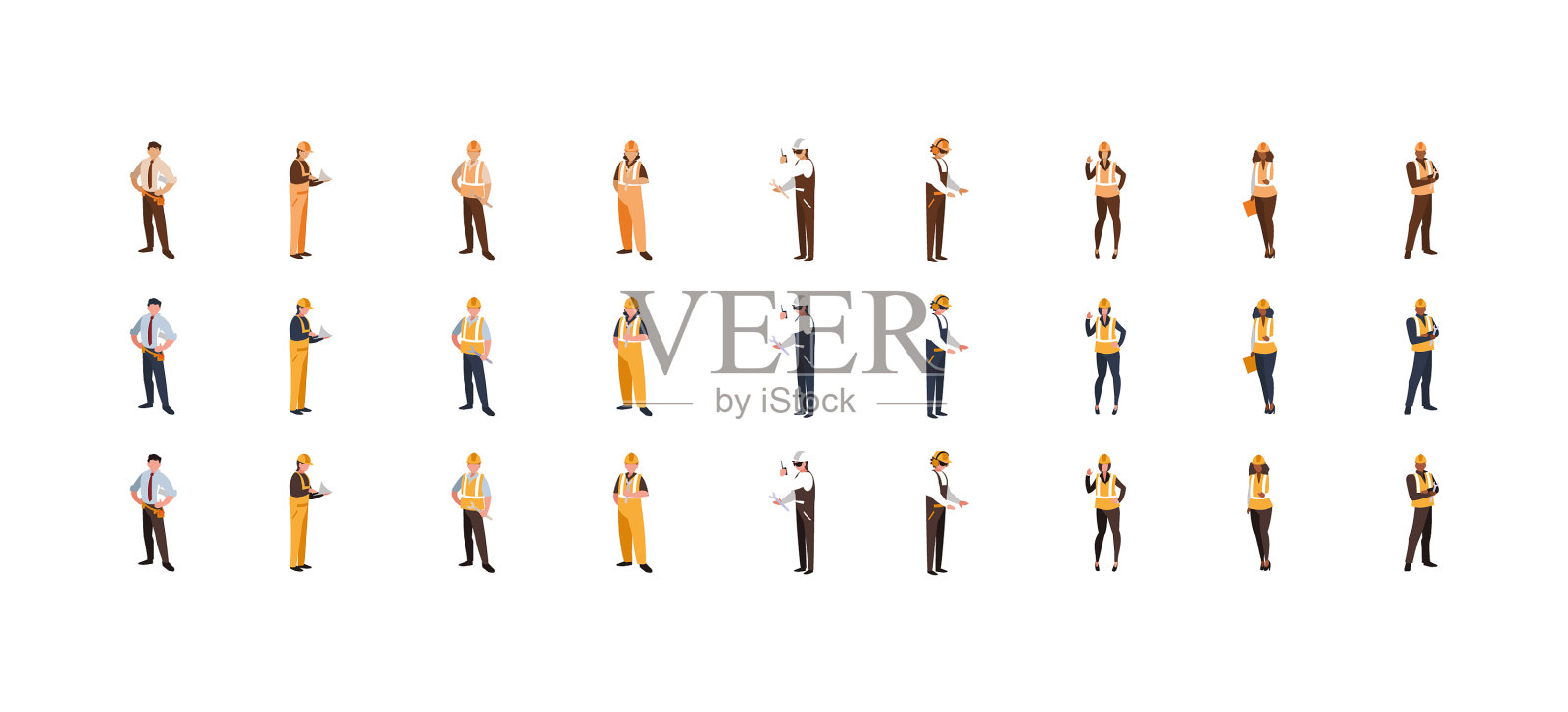 孤立的建筑工人，男人，女人，黄种人和白种人插画图片素材