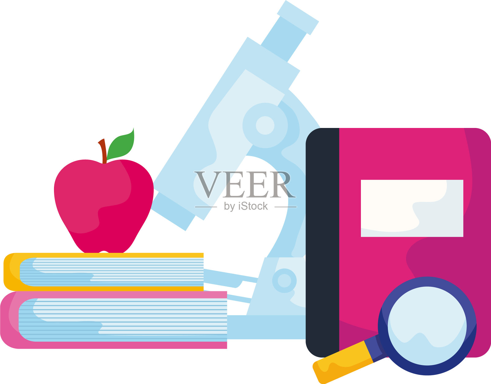 图书馆图书附有显微镜实验室和图标设计元素图片