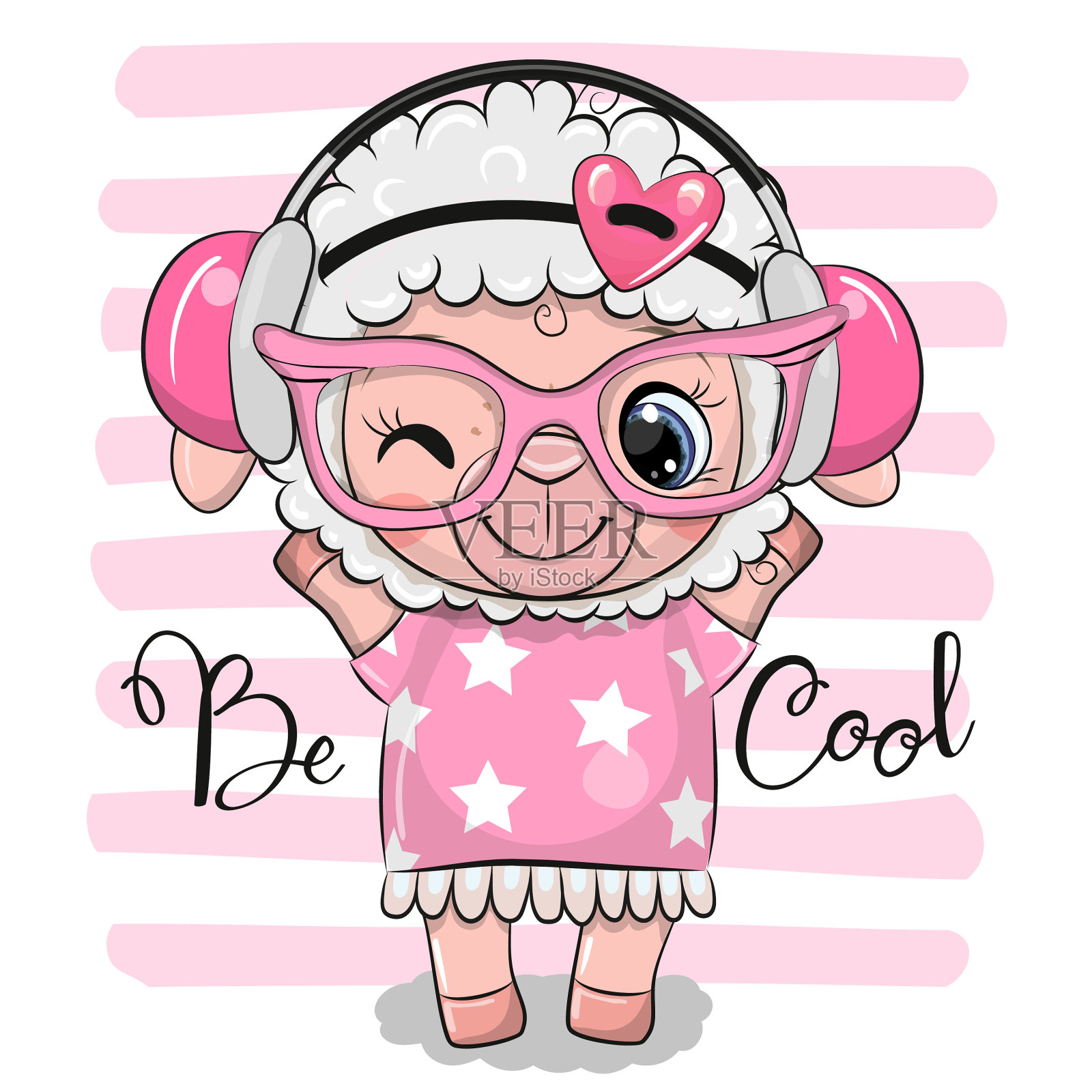 穿着粉色裙子戴着耳机的卡通绵羊设计元素图片