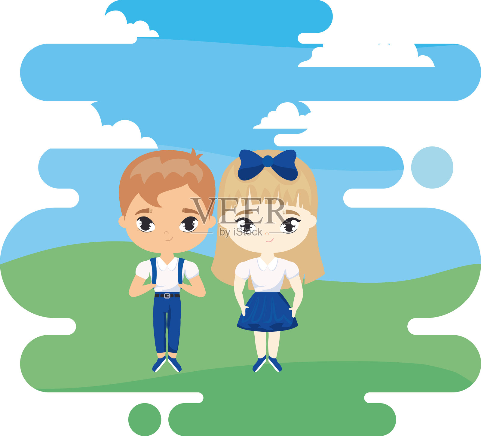 可爱的小学生在风景的场景设计元素图片