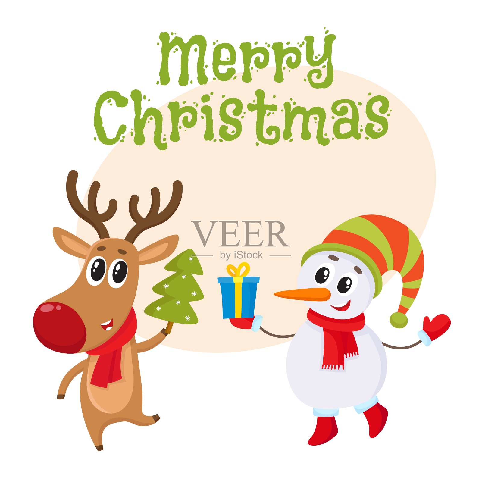 戴着帽子和手套的雪人和圣诞驯鹿设计元素图片