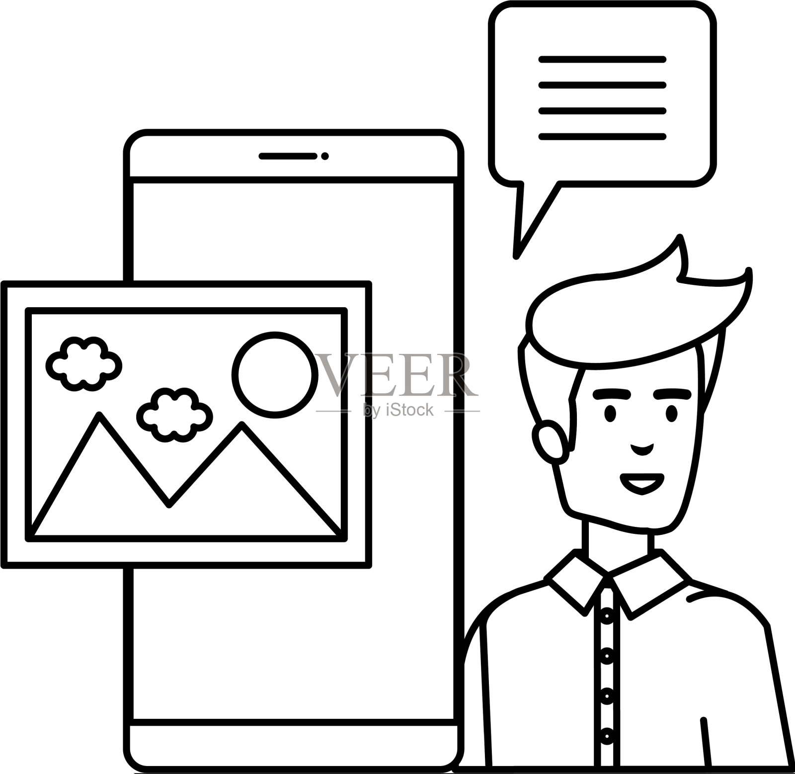 拥有智能手机和语音泡沫的年轻人设计元素图片