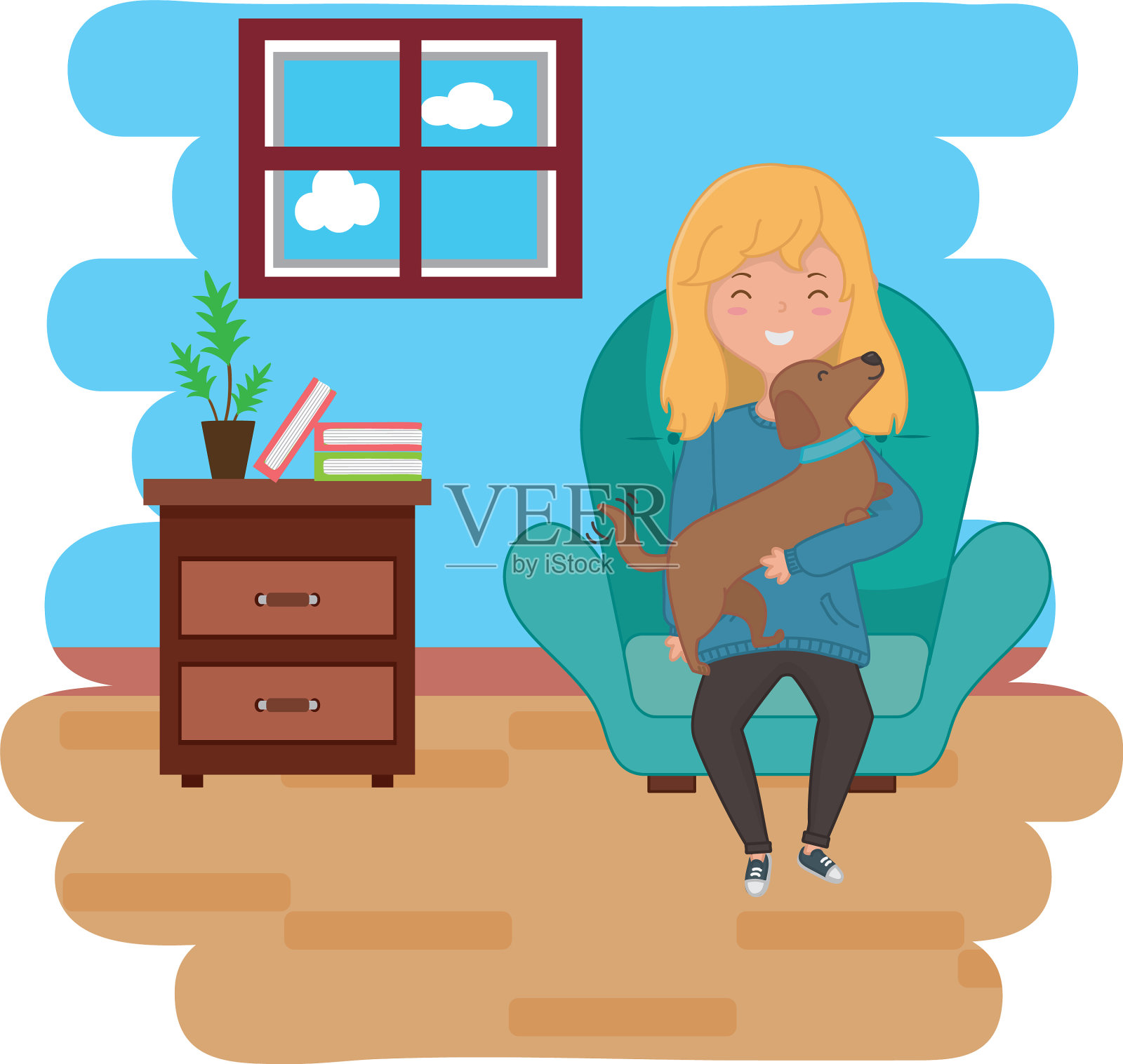 女孩与狗卡通设计设计元素图片