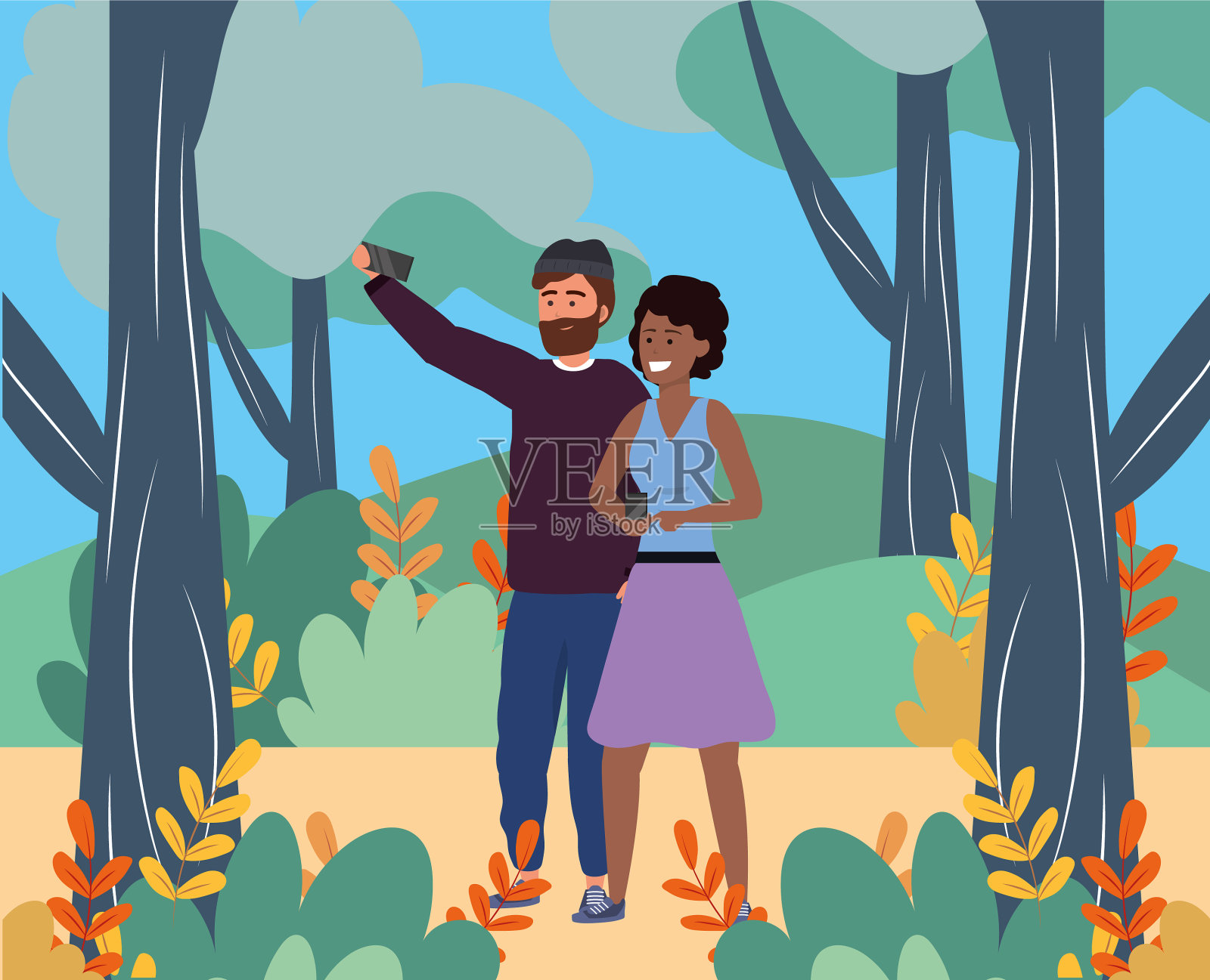 千禧夫妇微笑自拍自然背景插画图片素材