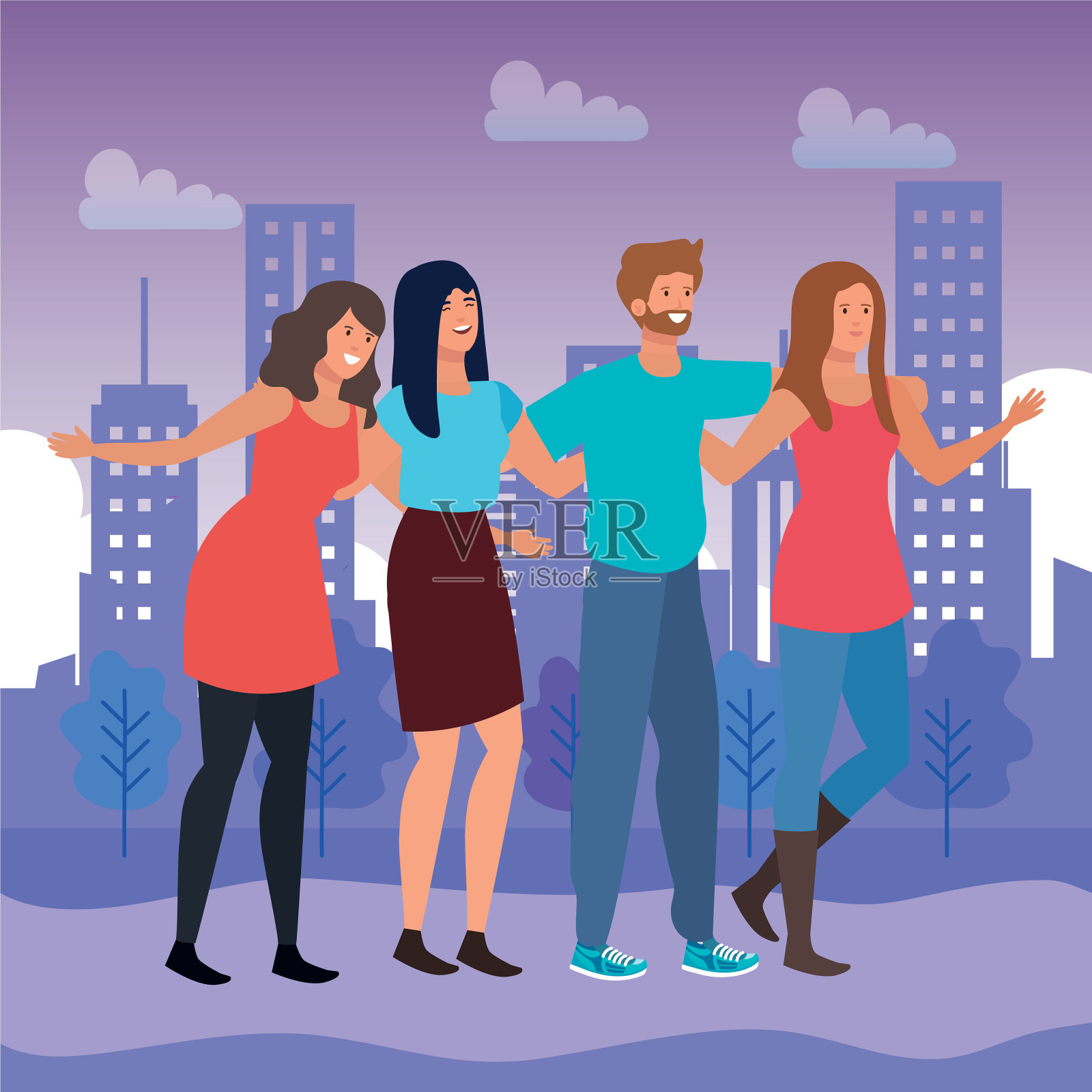 女生和男生一起穿休闲装插画图片素材