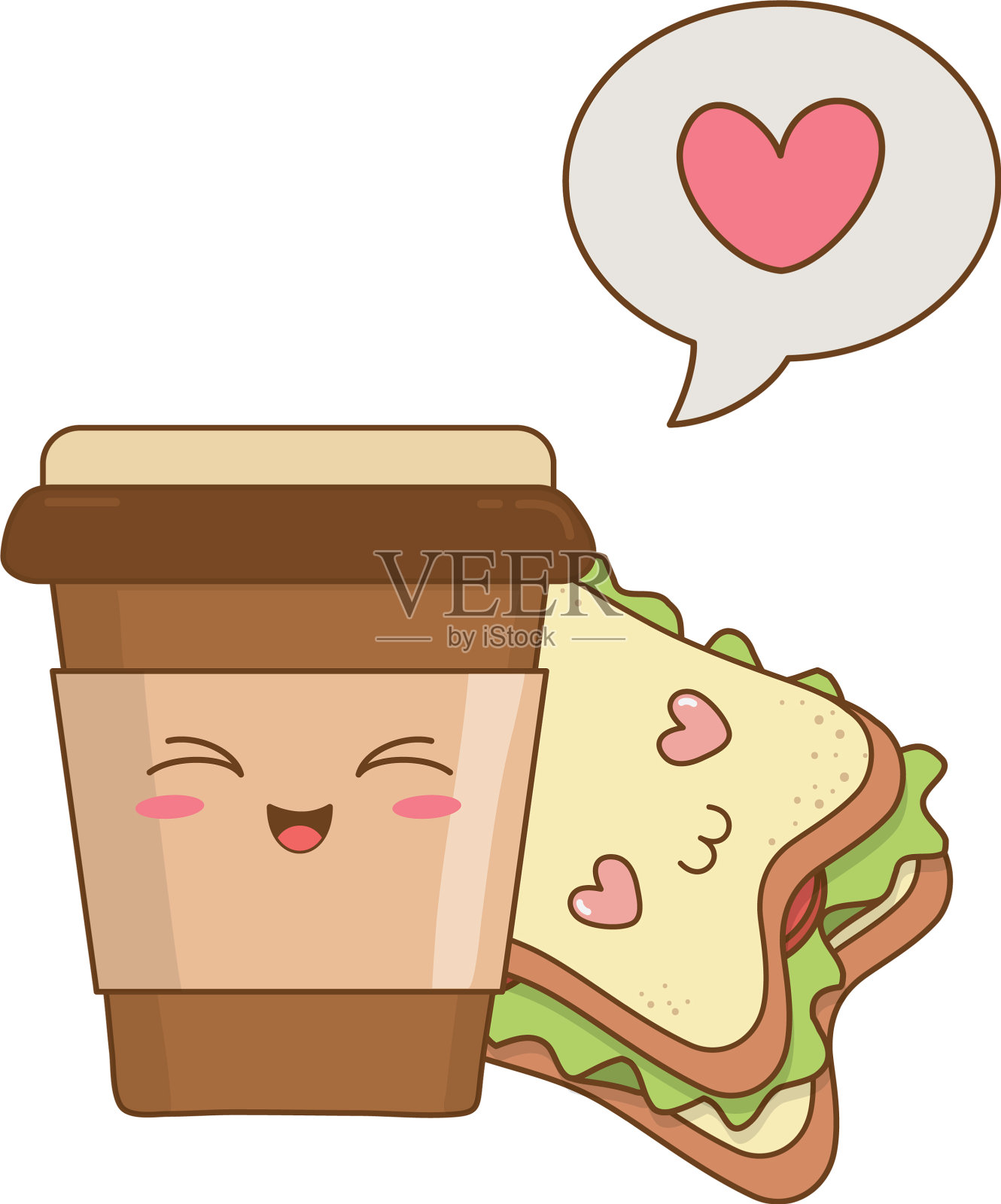 咖啡饮料与三明治卡哇伊人物设计元素图片