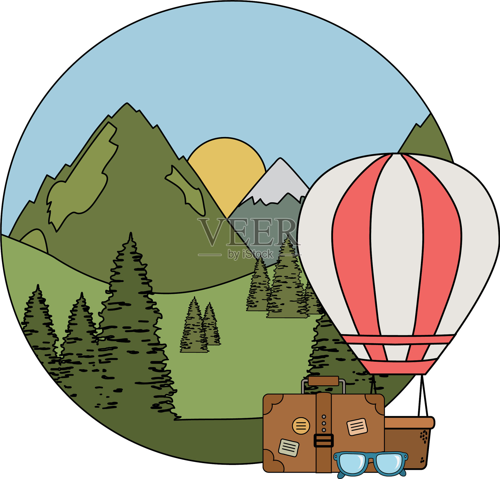 气球空气热飞着松树和手提箱设计元素图片