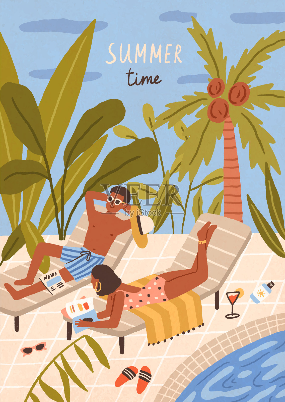 可爱的快乐的年轻男女躺在阳光下设计模板素材