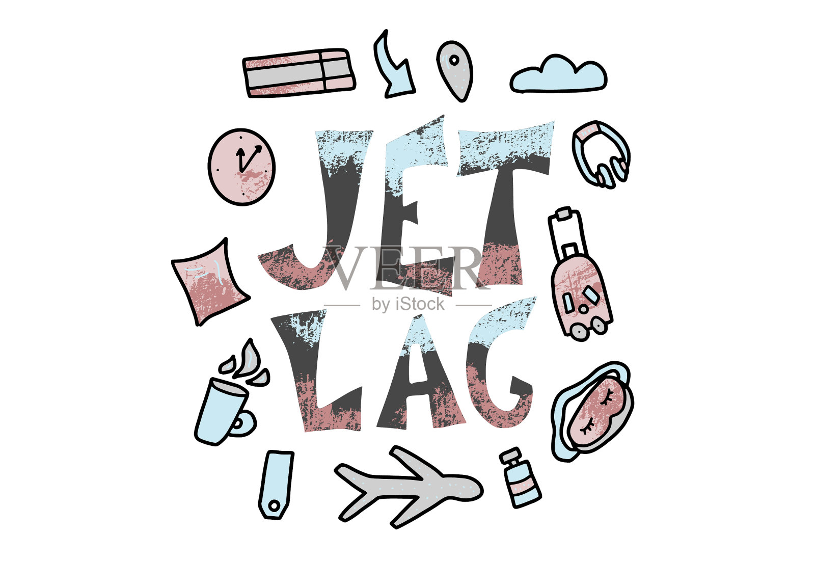 喷气式飞机时差程式化的引用概念徽章插画图片素材