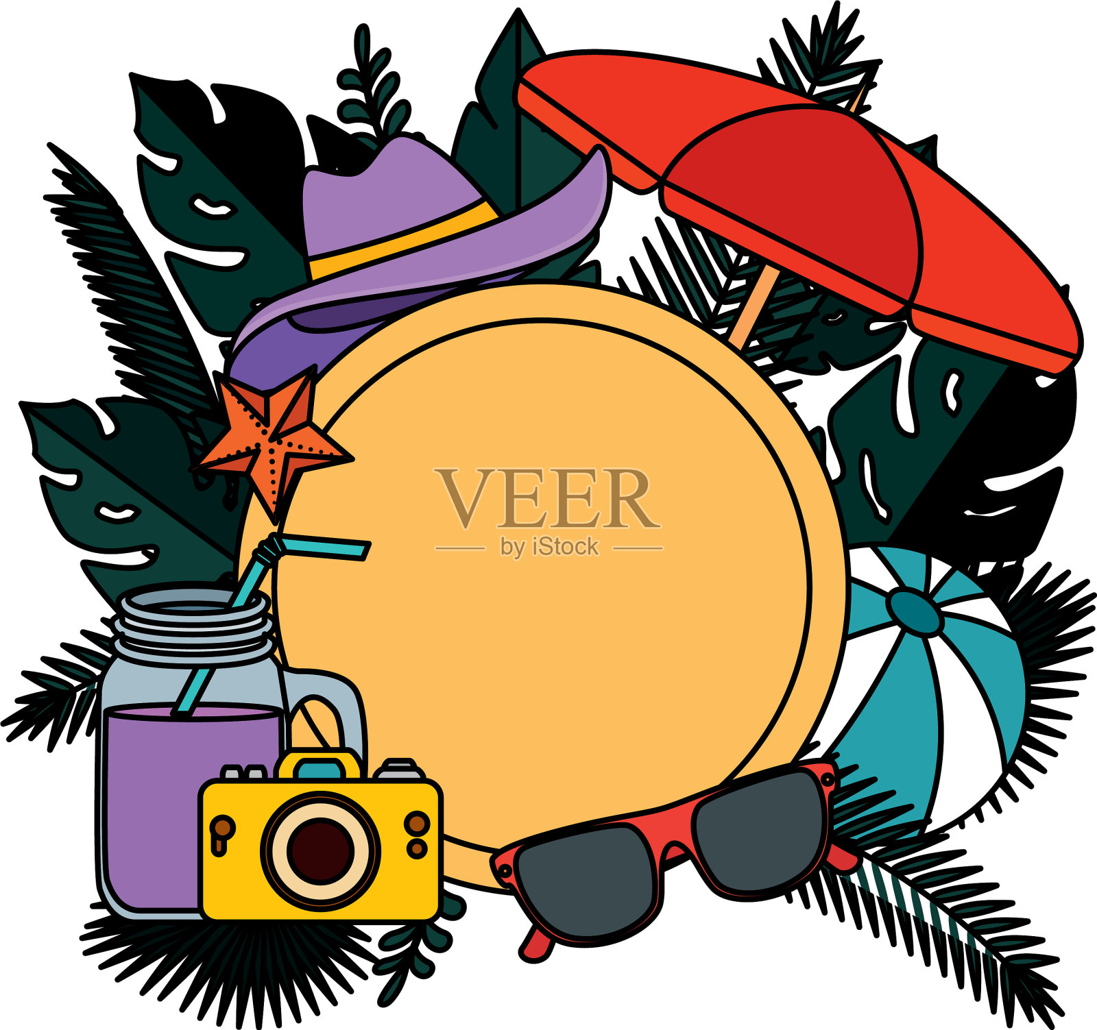 夏季圆形框架与树叶和伞设计元素图片